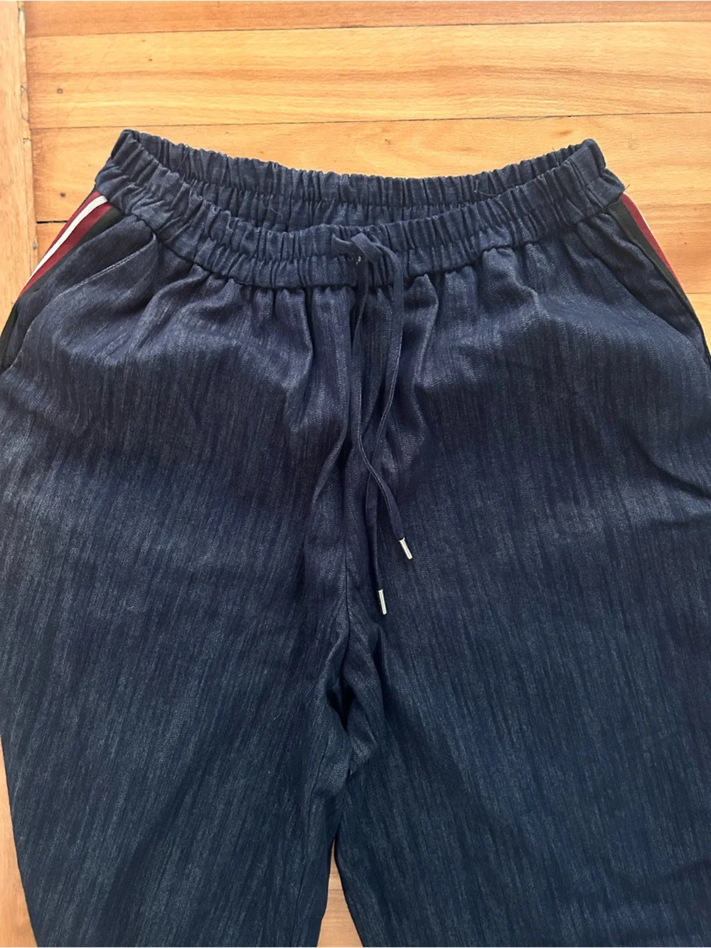 Zara Dark blue washed soft denim pant with Drawstring and side stripe - Picture 2 of 5